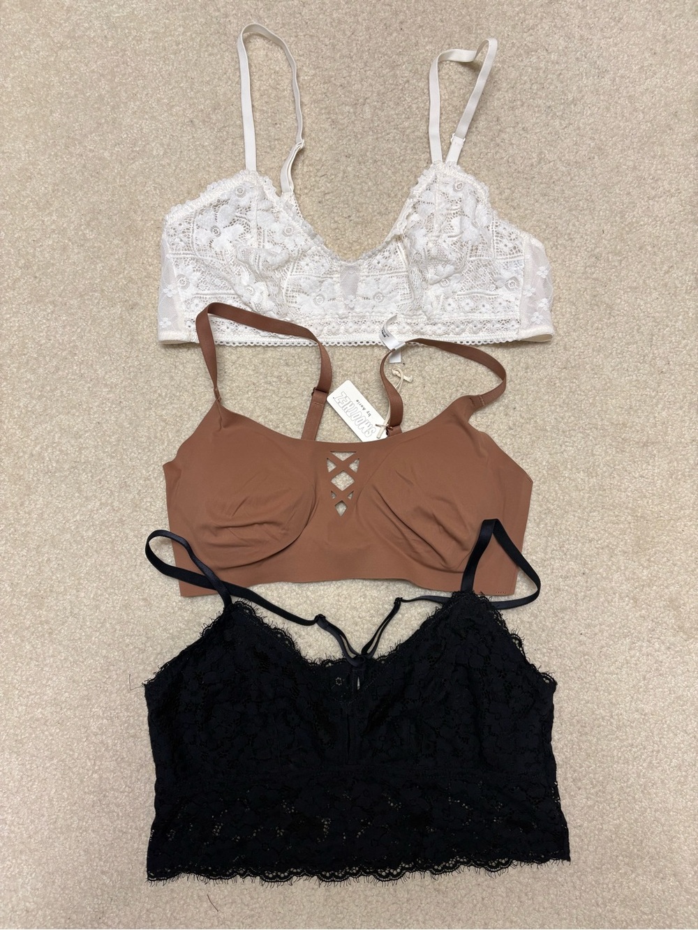 aerie Lace & Seamless Bralette Set - White, Brown, Black